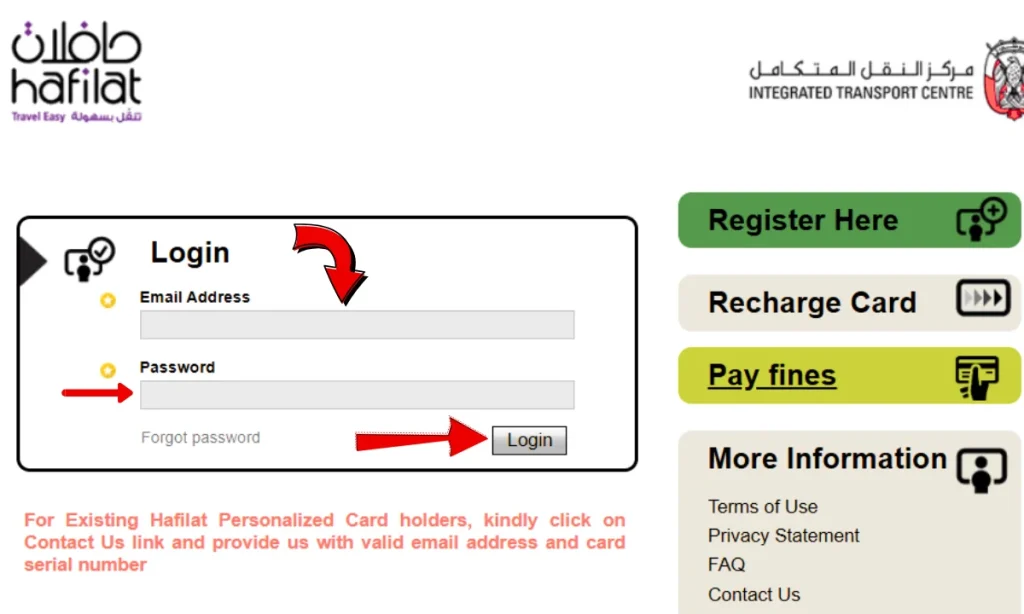 login for registration hafilat card